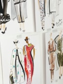 A set of fashion illustrations featuring stylish outfits and models. The drawings are done in watercolor, displaying a variety of clothing designs including dresses and coats, with attention to details such as patterns and accessories.