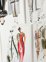 A set of fashion illustrations featuring stylish outfits and models. The drawings are done in watercolor, displaying a variety of clothing designs including dresses and coats, with attention to details such as patterns and accessories.