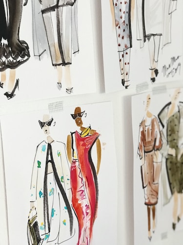 A set of fashion illustrations featuring stylish outfits and models. The drawings are done in watercolor, displaying a variety of clothing designs including dresses and coats, with attention to details such as patterns and accessories.