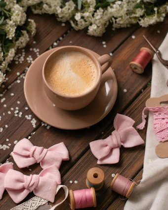 Cozy sewing workshop with colorful fabrics and a steaming cup of tea on the table.