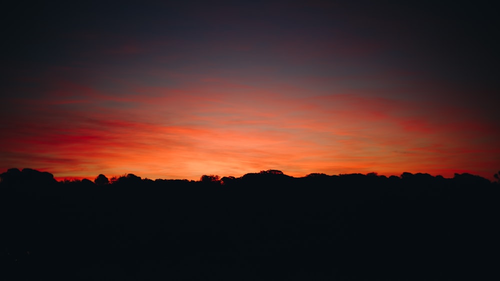 Un cielo rojo y negro con árboles al fondo