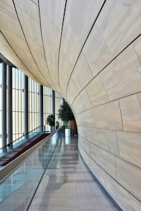 A modern architectural interior with a sweeping, curved wooden wall and tall vertical windows allowing natural light to flood the space. A red-carpeted escalator runs alongside the wall, surrounded by glass railings. Potted plants add greenery to the setting.