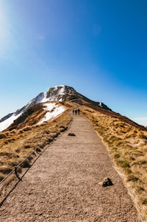 Pilgrims walking along a mountain trail towards the Kedarnath temple under clear blue skies.