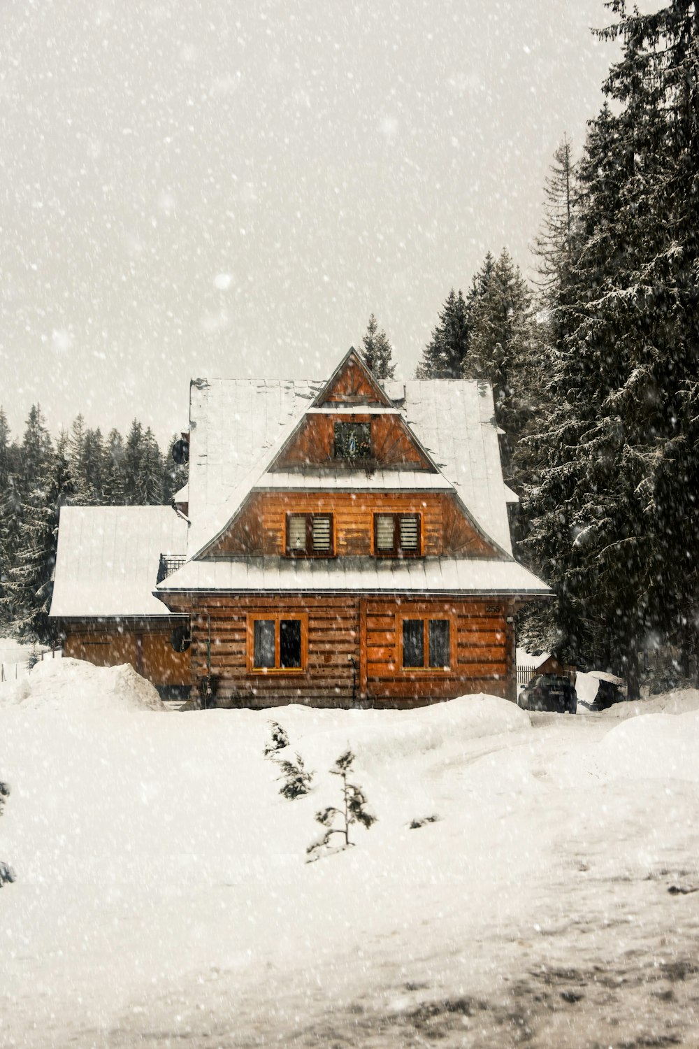cabin in forest covered with snow