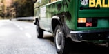 A green van with tropical palm tree graphics on its side is parked on an empty road. The rear of the vehicle shows a yellow print with a logo, and there is a clear view of the taillights. The background features a blurred landscape with trees, suggesting a scenic or natural location.