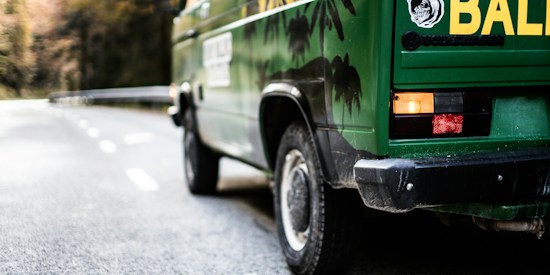 A green van with tropical palm tree graphics on its side is parked on an empty road. The rear of the vehicle shows a yellow print with a logo, and there is a clear view of the taillights. The background features a blurred landscape with trees, suggesting a scenic or natural location.