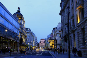 Elegant European city street with charming architecture and soft evening light