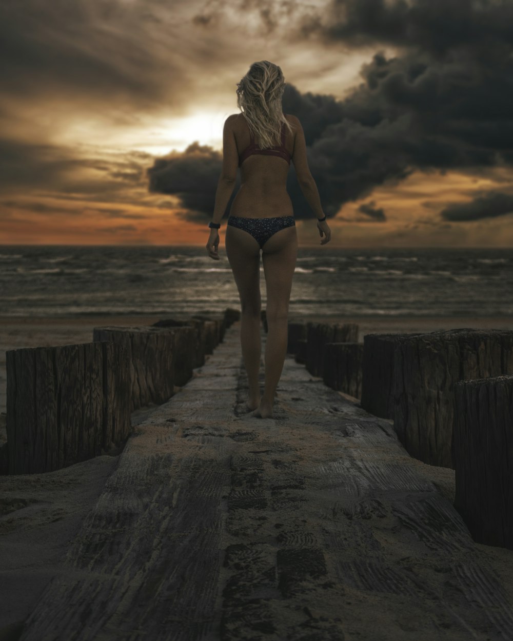 donna che indossa bikini in piedi sul molo di legno