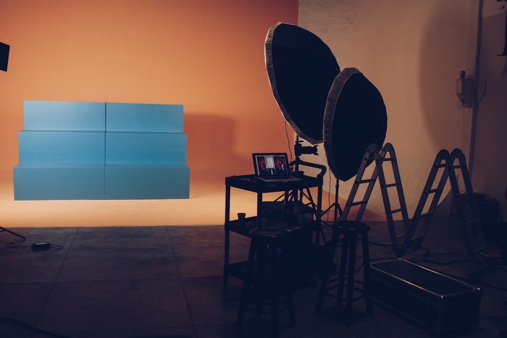 blue wooden portable stairs in photo studio