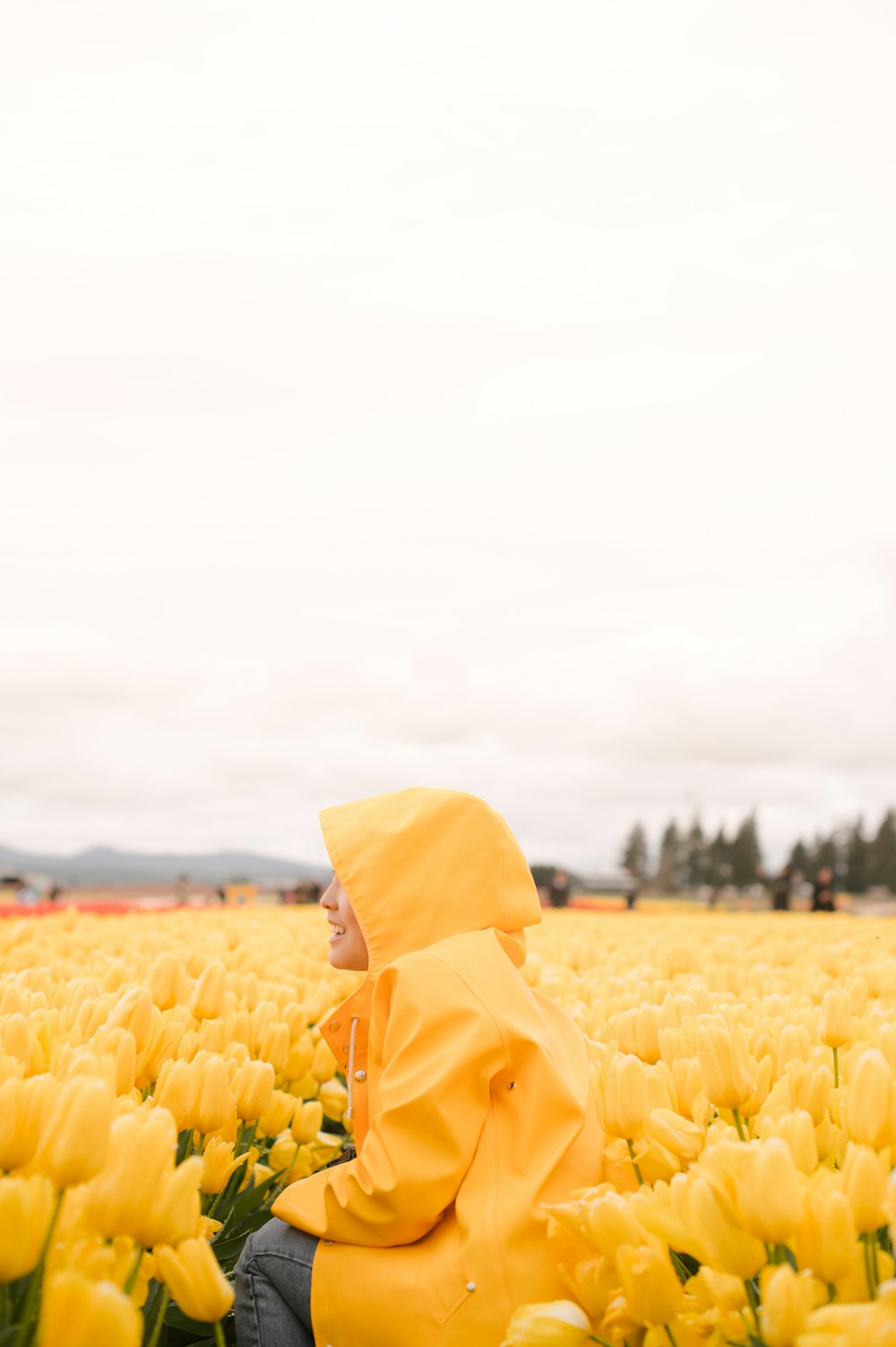 Persona con impermeable amarillo de pie en campo de tulipanes amarillos