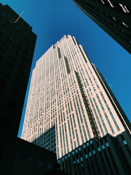 Commercial building framework rising against a clear sky.