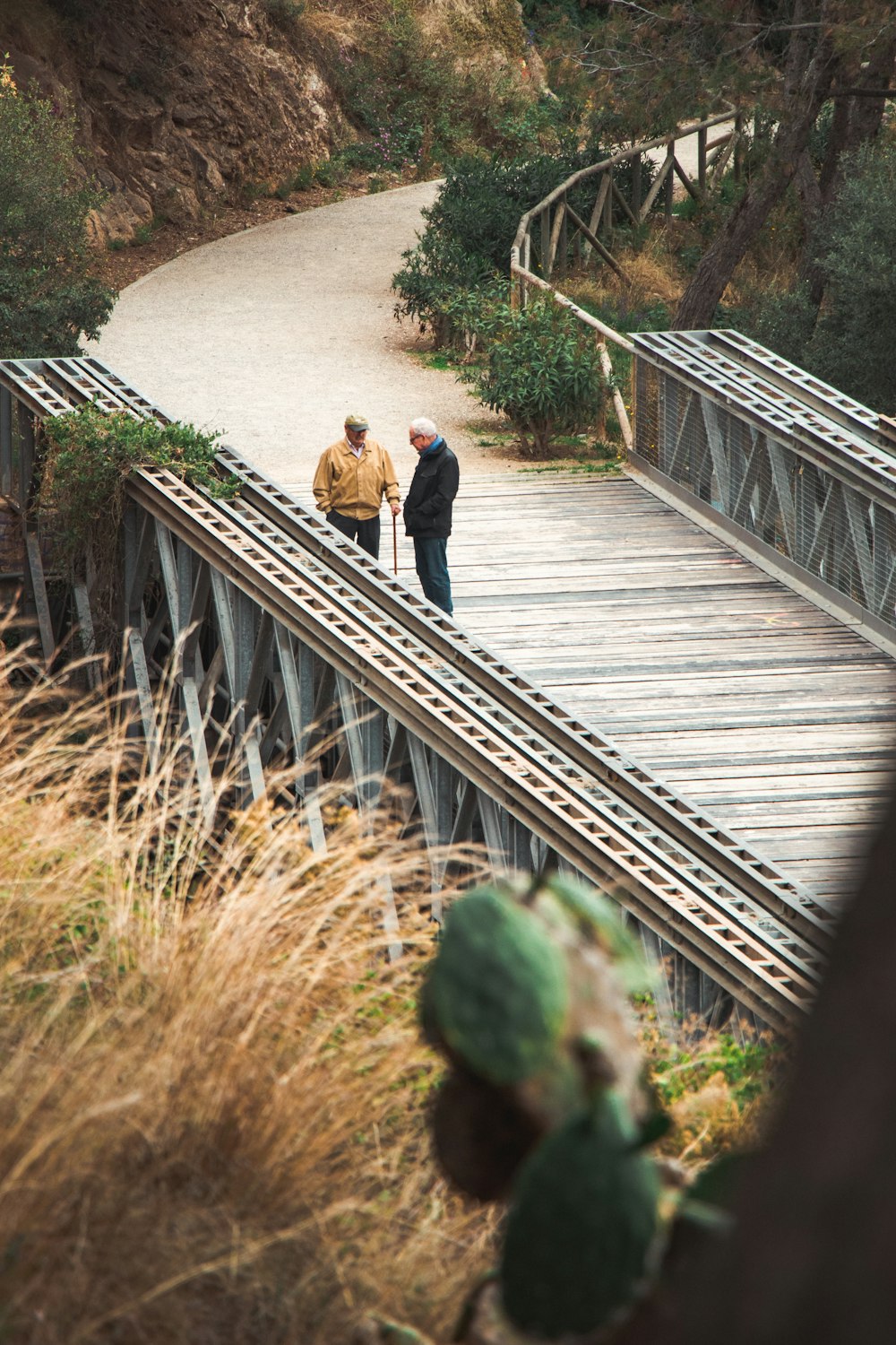 two men standing on bridge