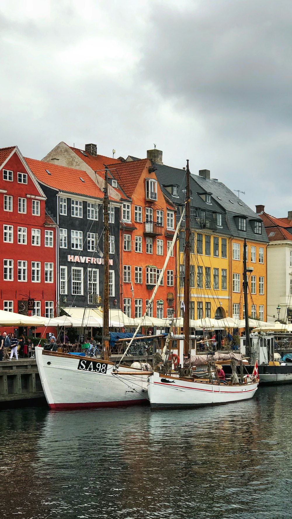 boats in front of multicolored buildings