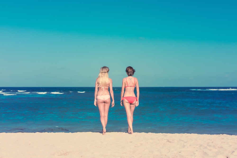 two women wearing bikini standing on shore