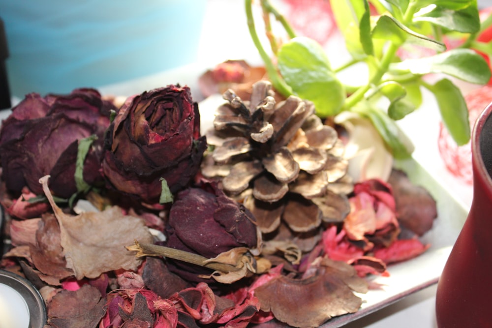 brown pine cone and dried roses
