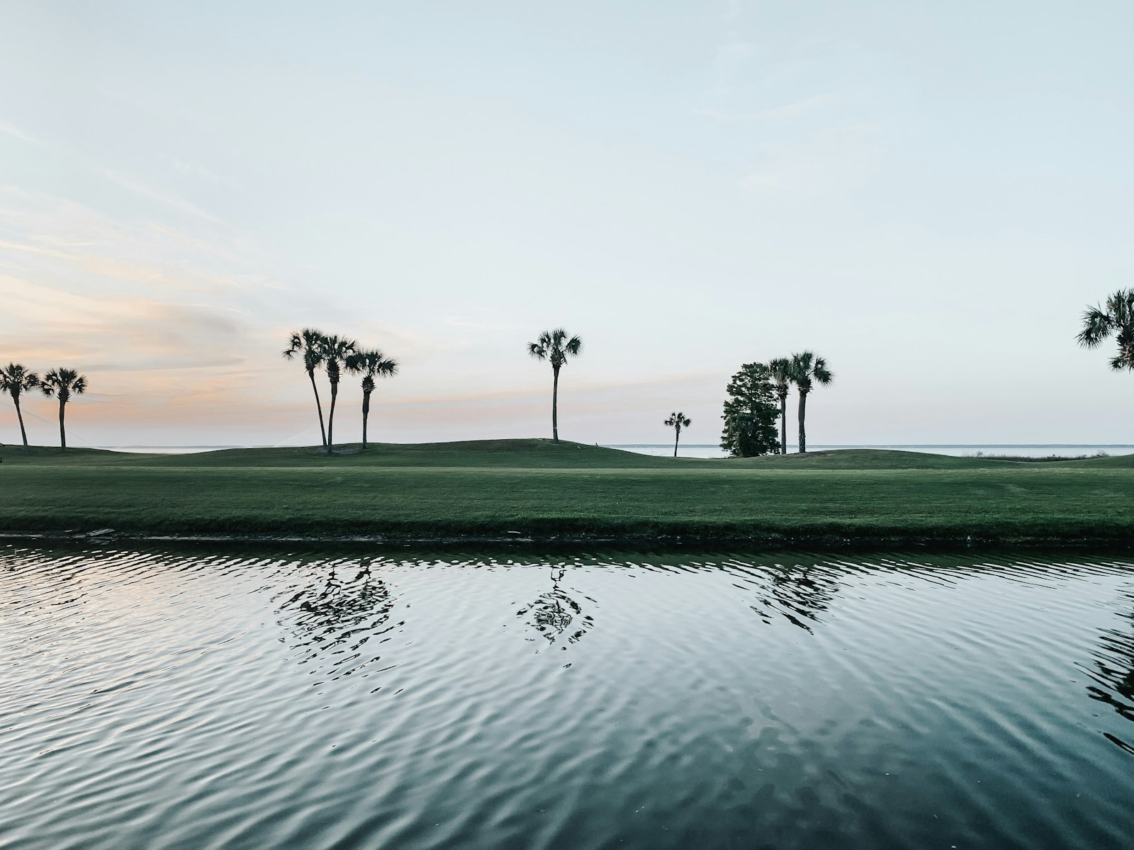 Florida golf course with palm trees and water hazard