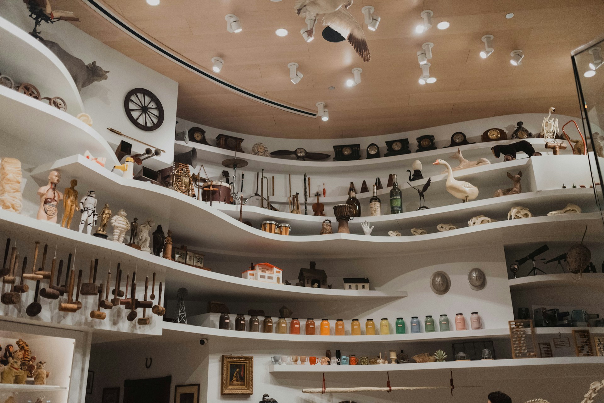 assorted collectibles on wall shelf