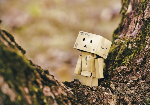 cardboard robot toy on wooden tree