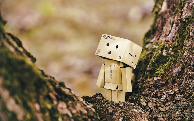 cardboard robot toy on wooden tree