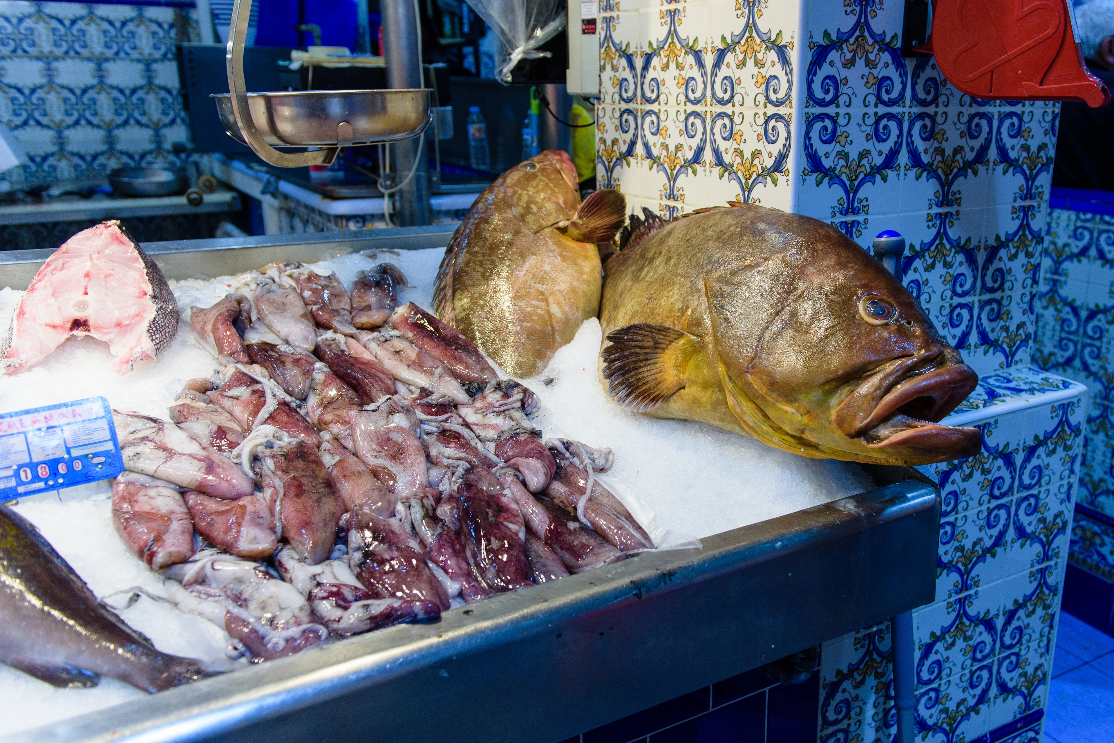 A fishmonger's counter at the market in Santa Cruz de Tenerife: a whole grouper, fresh squid and a cut of tuna laid out on crushed ice against blue and white Spanish tiles.