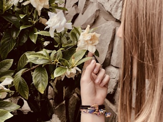 A person with long hair gently holds a white rose in front of a stone wall. The rose bush has lush green leaves and several blooming flowers. The person is wearing a colorful braided bracelet and a ring.