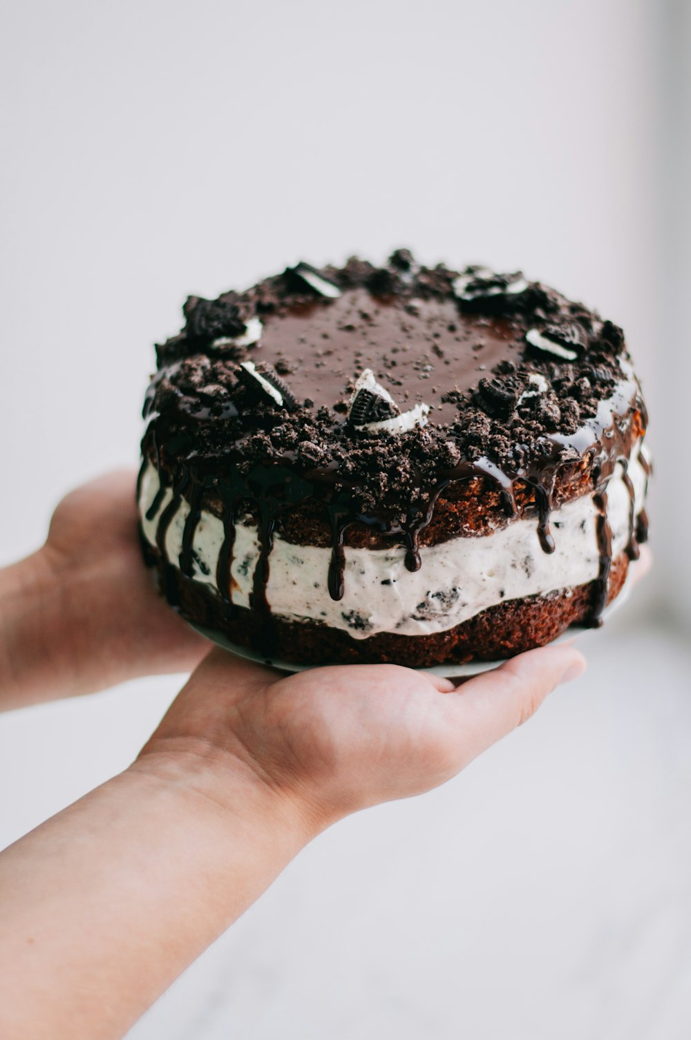 Biscotti al cioccolato nudi e torta alla crema sulle mani della persona