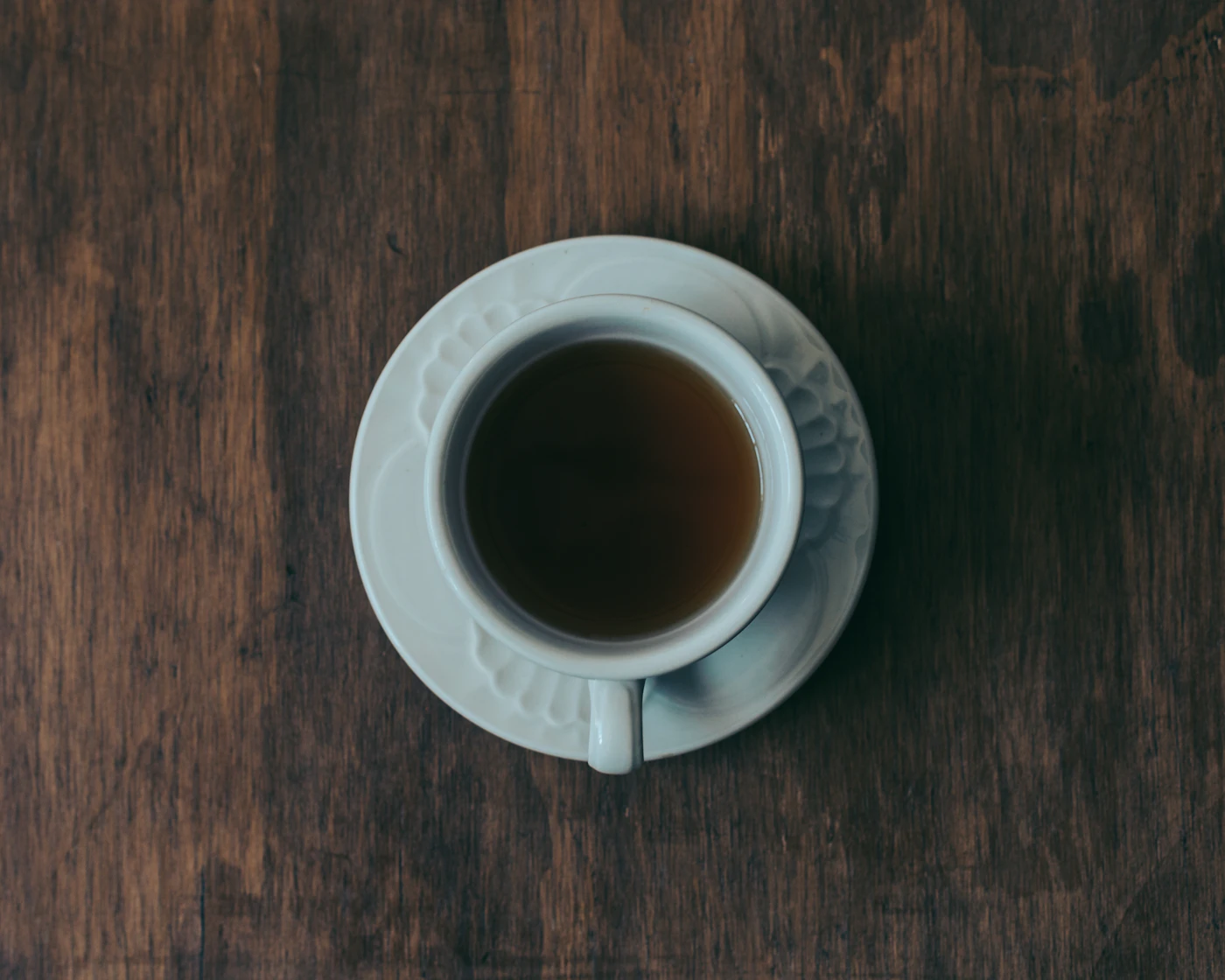 A cup of tea on a warm wooden table