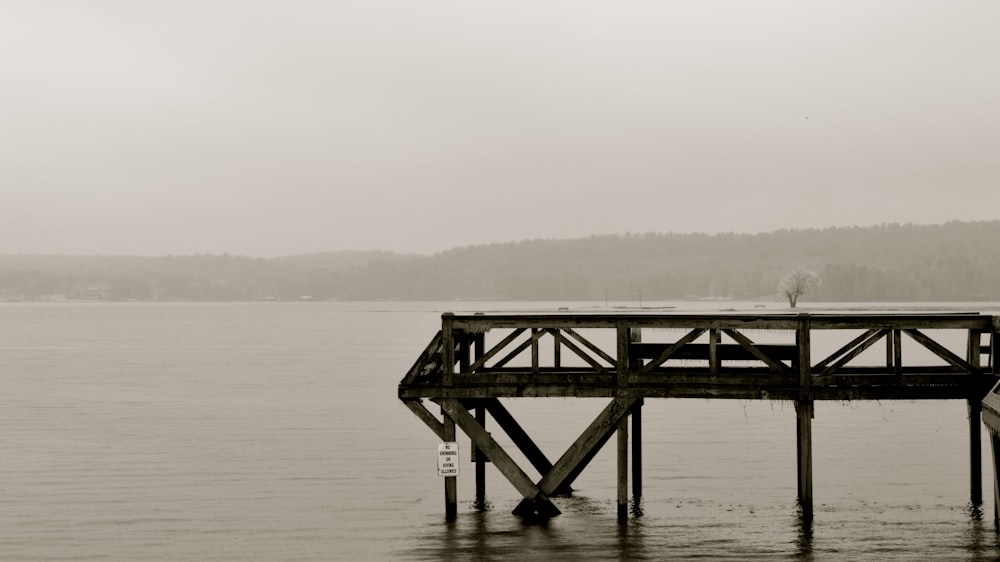 grayscale photography of wooden dock near sea
