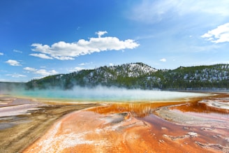 A vibrant hot spring with a wide spectrum of colors including orange, yellow, and light blue, surrounded by a forested hill under a bright blue sky with scattered clouds. The water emits steam, creating a mystical effect.