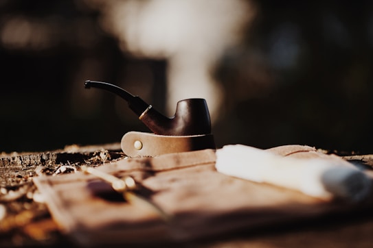 A smoking pipe with a curved stem sits on a wooden surface, surrounded by a soft focus background. Its dark, rich color contrasts with the warm, golden light illuminating the scene.