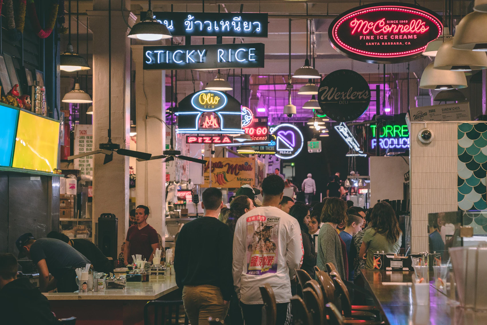 Diners and food counters inside Grand Central Market in Downtown Los Angeles