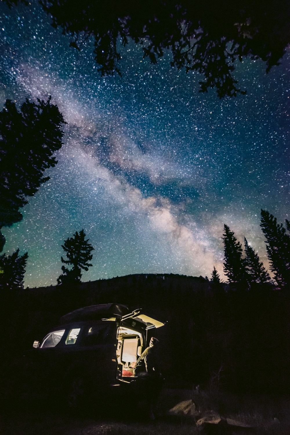 lighted camping tent at night