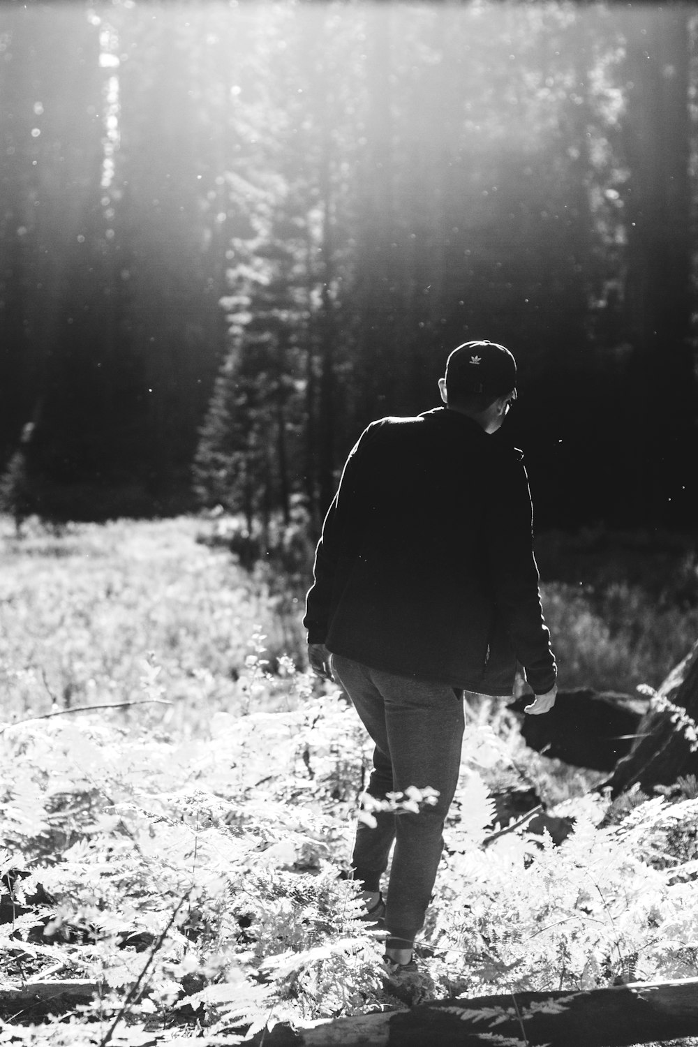 grayscale photo of man walking on forest
