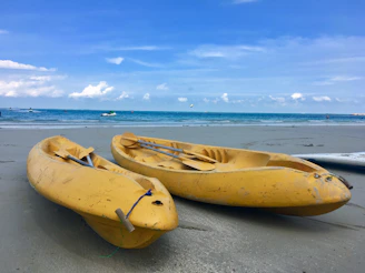 A pair of kayaks resting on a sandy beach backed by tall, swaying pines under a bright blue sky.