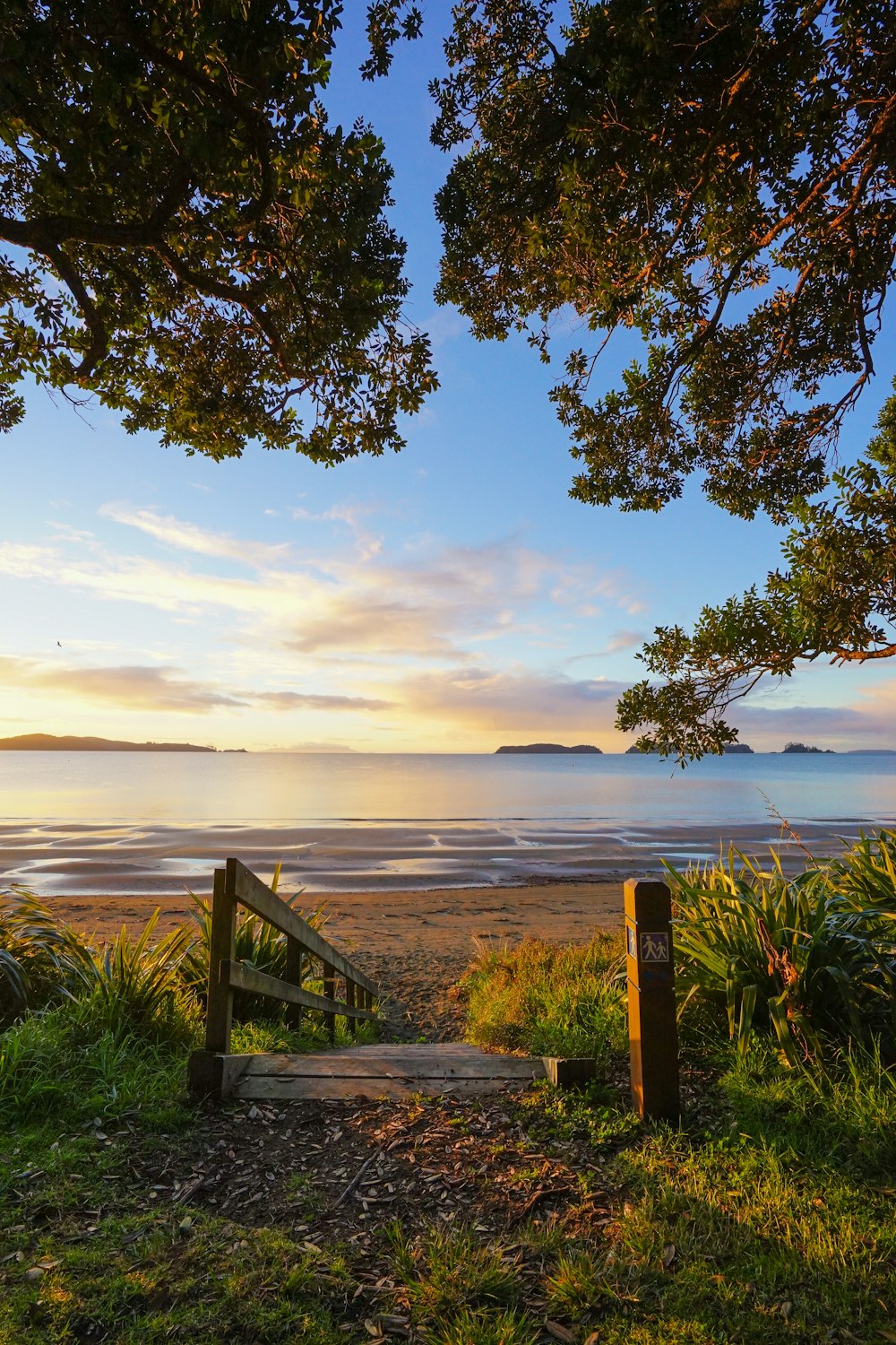 brown wooden hand rail with view of beach