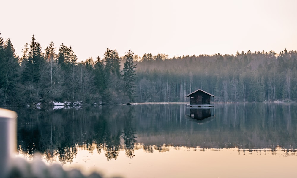 ガラスの湖に浮かぶ黒と灰色の木造ボートハウス