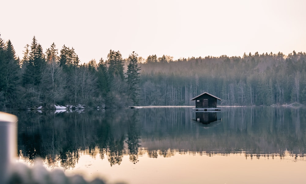 Casa flotante de madera negra y gris flotando en un lago cristalino