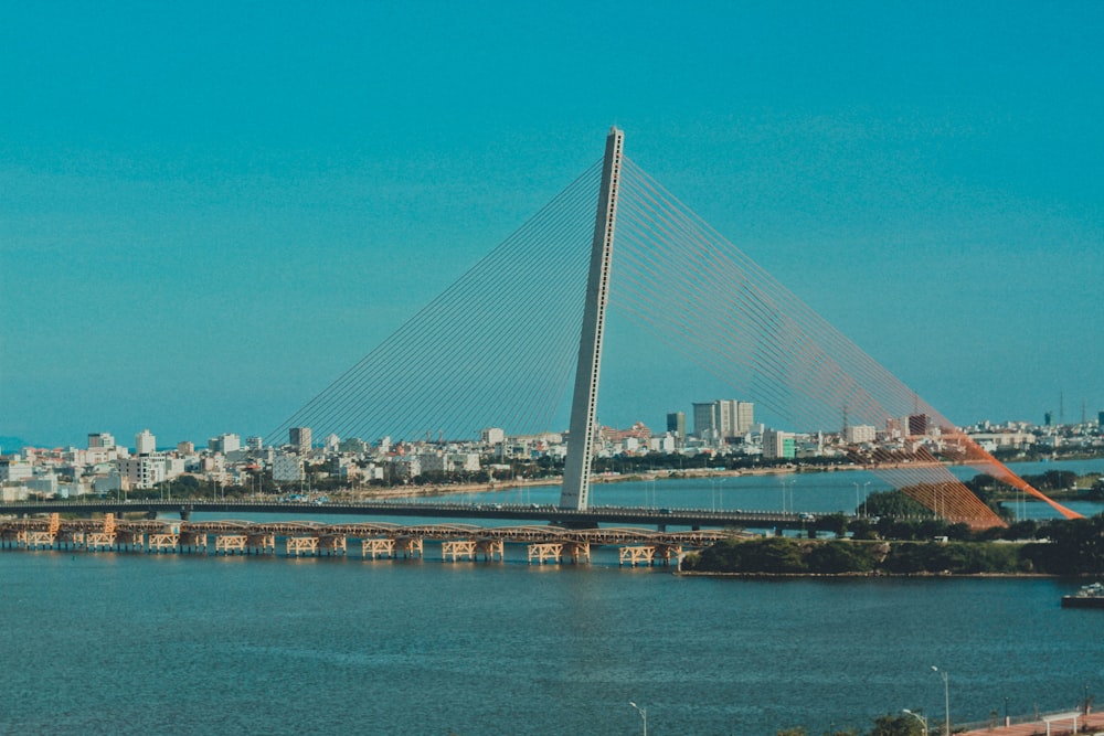 cable bridge on body of water