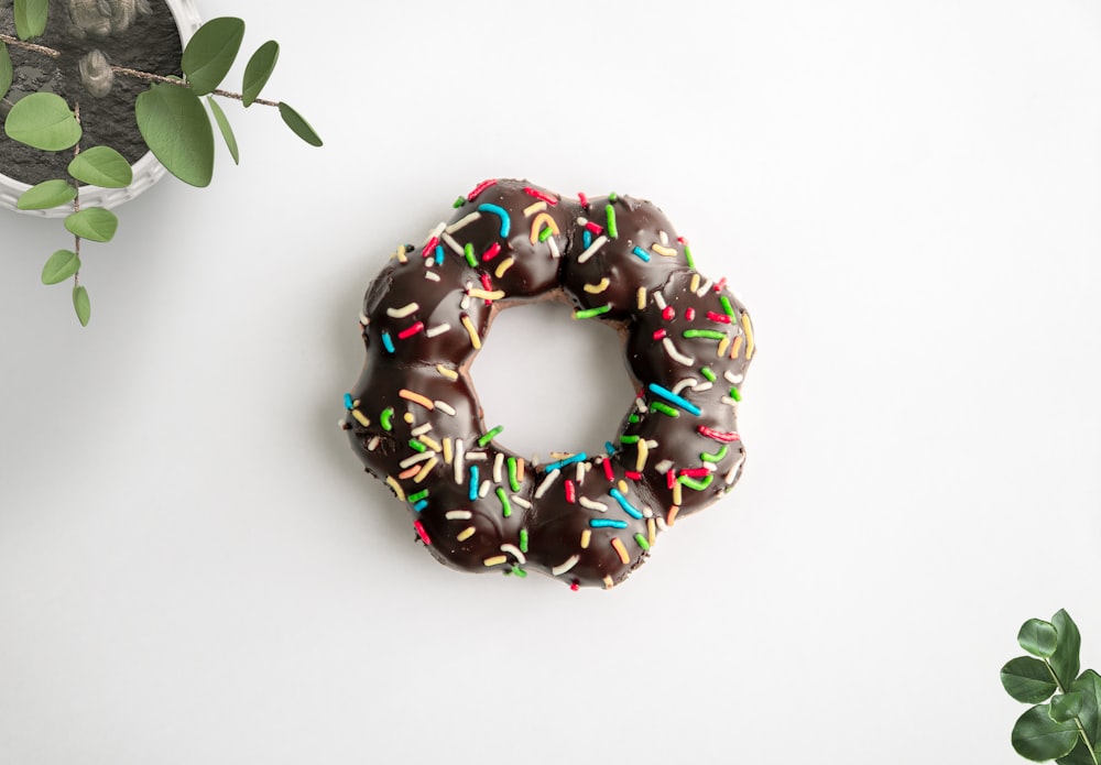 doughnut coated with chocolate with candy sprinkles toppings
