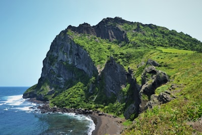 aerial photo of cliff beside sea south korea google meet background