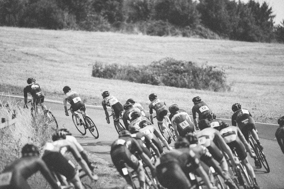 grayscale photo of a bicycle race