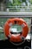 An orange lifebuoy with black text is attached to a railing, overlooking a calm body of water. There are green plants and rocks in the background, suggesting a natural setting.