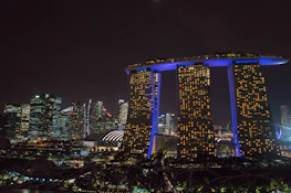 A nighttime cityscape showcasing completed residential towers illuminated with subtle electric blue accents.