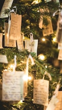 cards hanging on Christmas tree