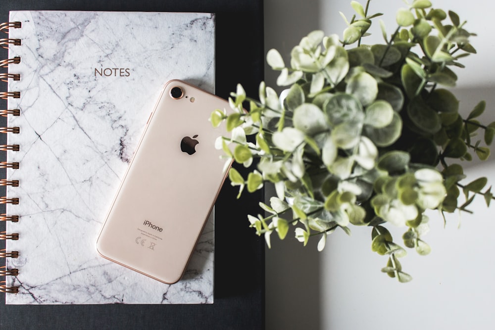 gold iPhone 8 on Notes notebook beside green plant