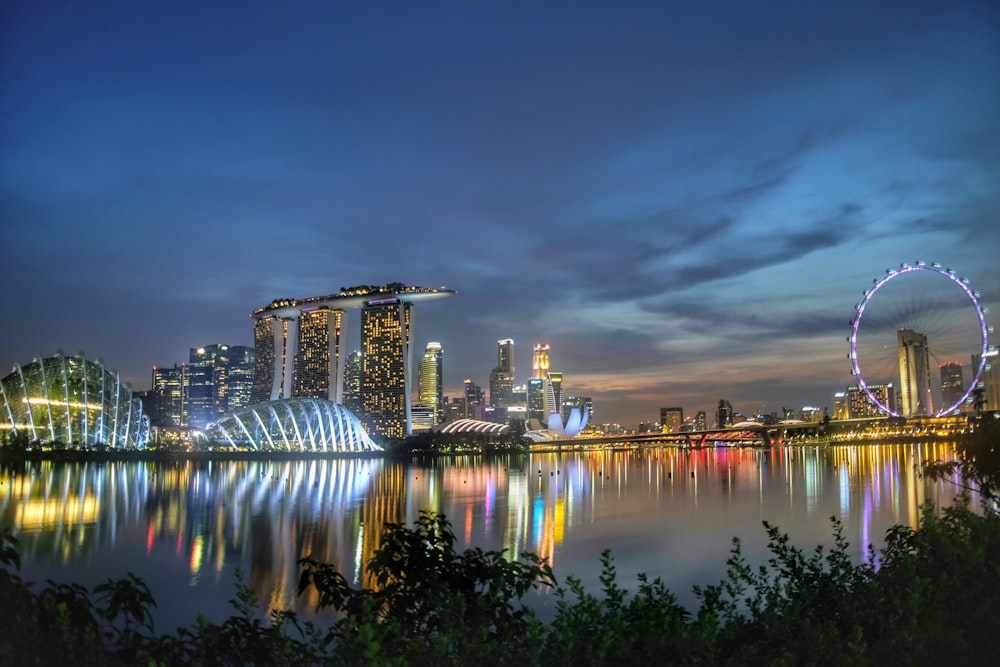 lighted buildings during golden hour