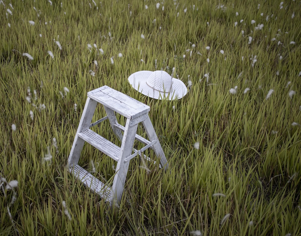 white sun hat near step ladder on grass