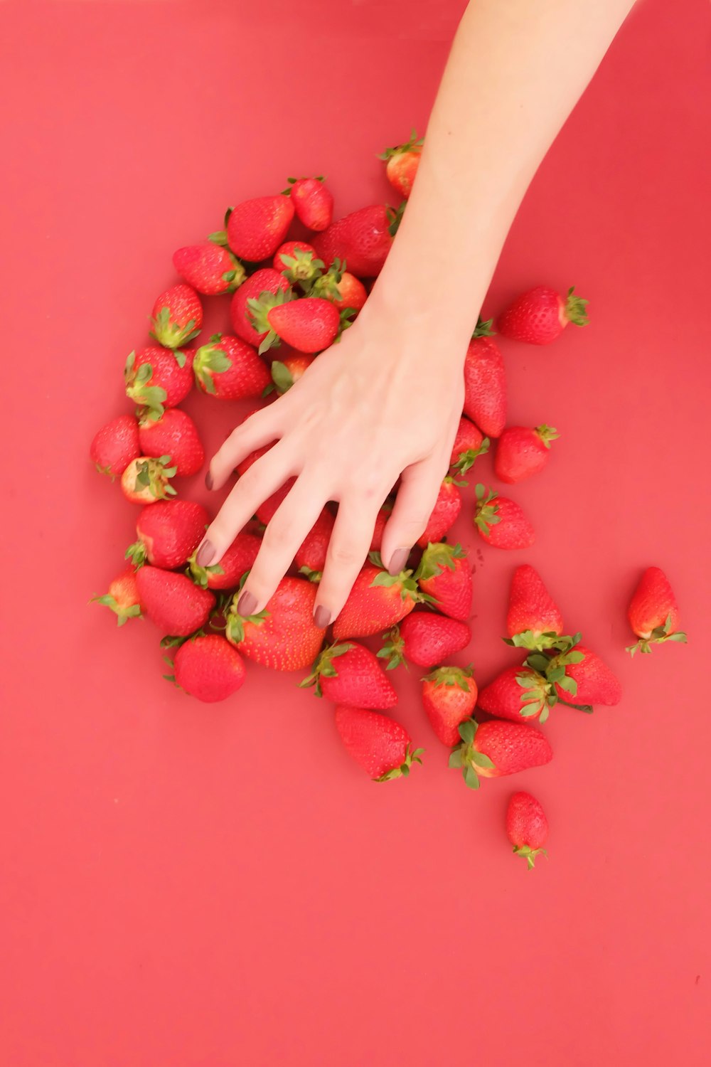 mano de personas con fresas rojas