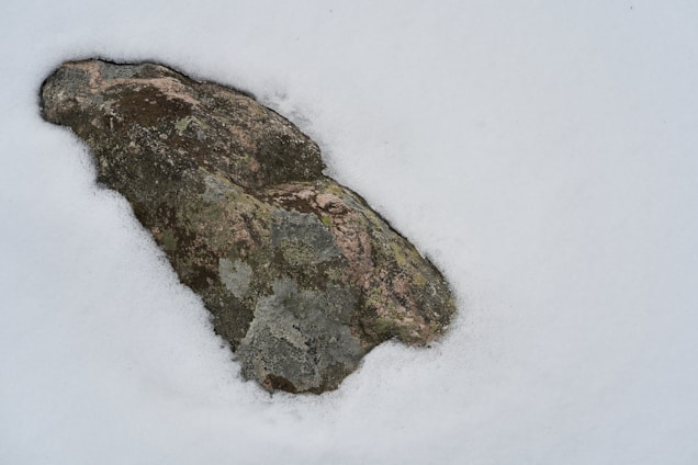 A large rock partially covered by a layer of thin white snow. The rock's surface is rough with varying shades of gray and brown, featuring some subtle green and pink undertones. The surrounding snow is smooth, creating a stark contrast with the rugged texture of the rock.