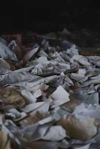 A chaotic pile of crumpled and torn paper scattered on what appears to be a floor, with dim lighting contributing to a somber atmosphere.